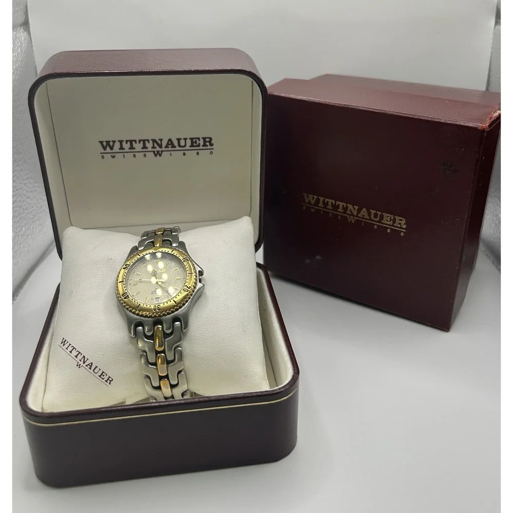 Vintage Wittnauer TT  Longlife 100m‎ Time Date Quartz Two Tone Men Watch W Box